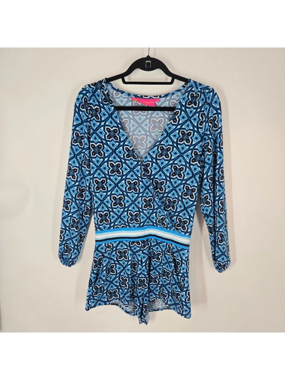 Macbeth Collection Blue Geometric Print Romper Longsleeve Pockets Women's XS